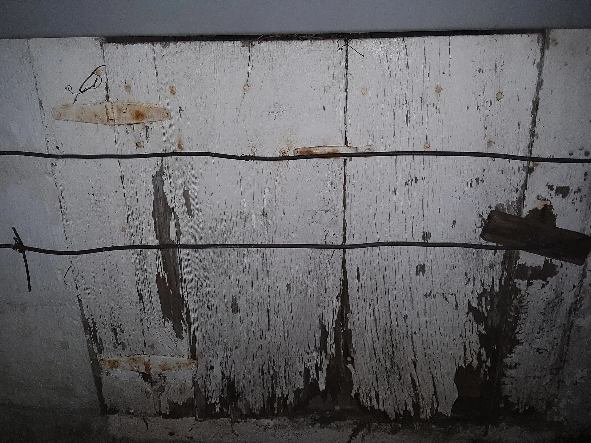 The access panel into a crawl space, in a painted wood foundation skirt